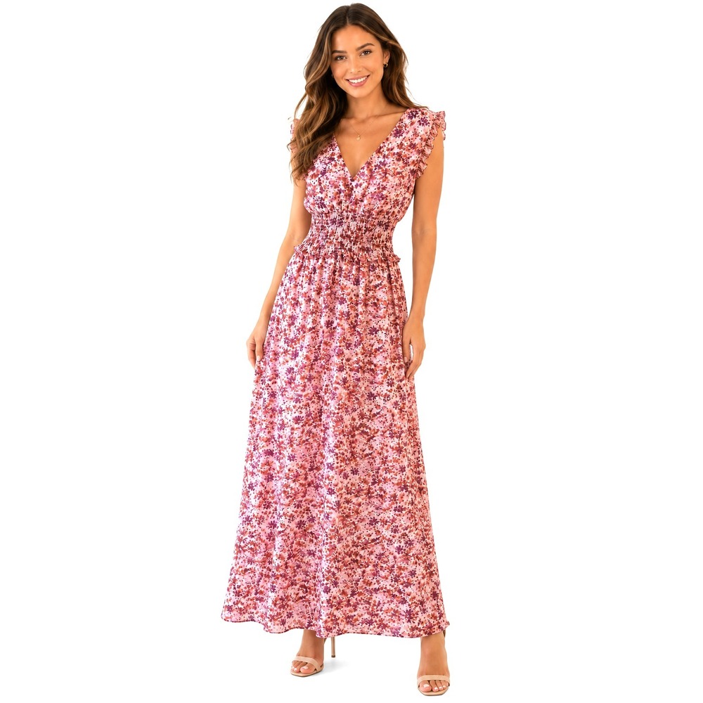Banana Republic Floral Maxi Dress 4P Pink Smocked Waist Ruffle Sleeve Boho Party